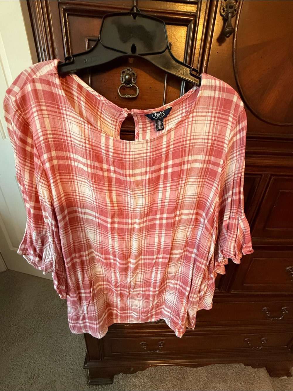 Chaps Coral Pink Plaid Ruffle-Sleeve Blouse